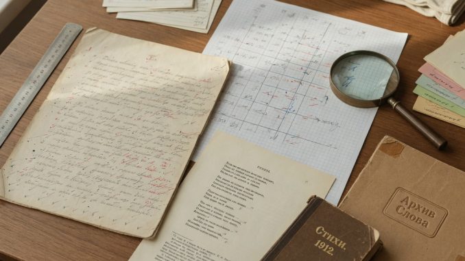 Oblique-angle documentary photo of an archival workbench: glass weights holding fragile poem pages with