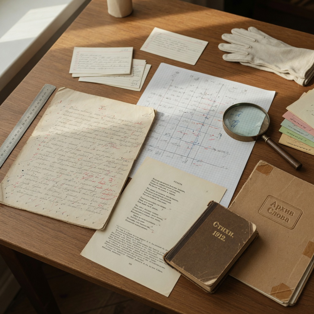 Oblique-angle documentary photo of an archival workbench: glass weights holding fragile poem pages with