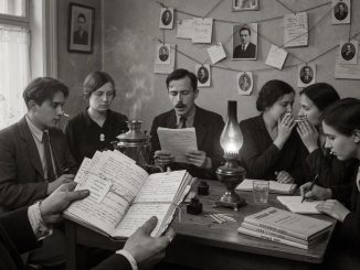 Photographic top-down composition: a round wooden table in a 1920s Russian literary salon, hands