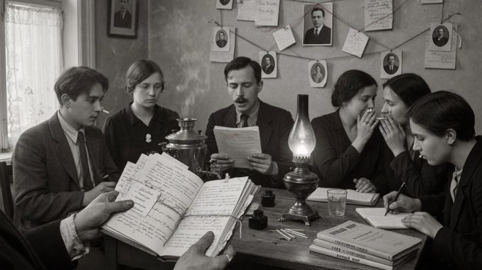 Photographic top-down composition: a round wooden table in a 1920s Russian literary salon, hands