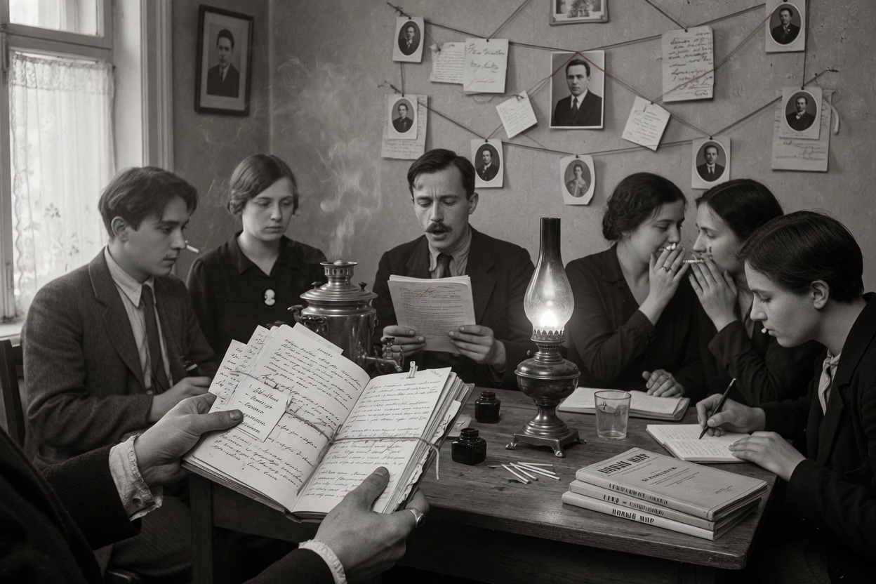 Photographic top-down composition: a round wooden table in a 1920s Russian literary salon, hands