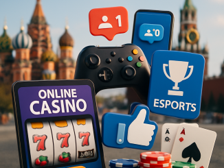 A visually engaging collage showcasing the integration of gambling in Russias digital entertainment landscape,