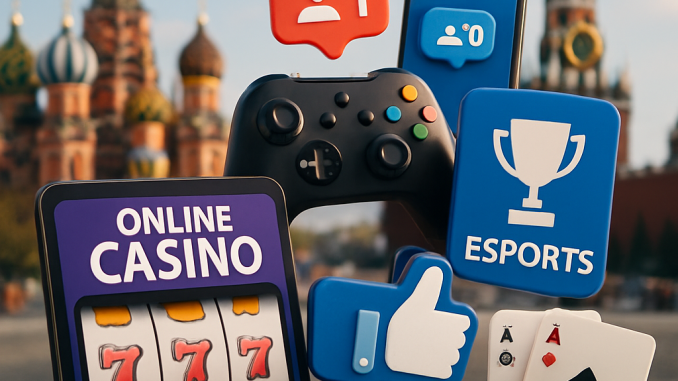 A visually engaging collage showcasing the integration of gambling in Russias digital entertainment landscape,