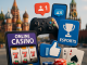 A visually engaging collage showcasing the integration of gambling in Russias digital entertainment landscape,