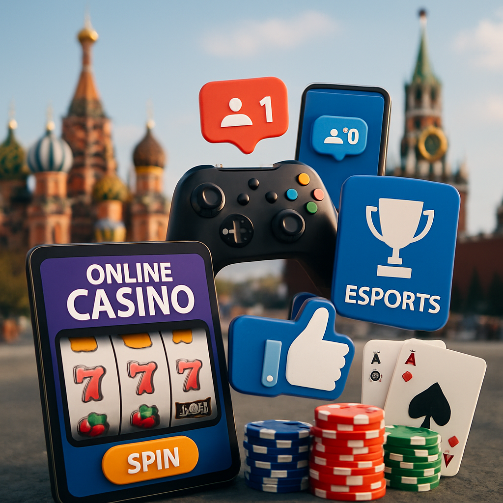 A visually engaging collage showcasing the integration of gambling in Russias digital entertainment landscape,