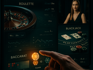 Photorealistic image of a sleek multi-game digital casino interface (roulette, blackjack, baccarat) with live