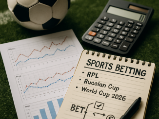 Flat lay photo of sports betting materials including a soccer ball, calculator, performance charts,