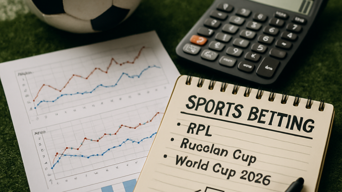 Flat lay photo of sports betting materials including a soccer ball, calculator, performance charts,