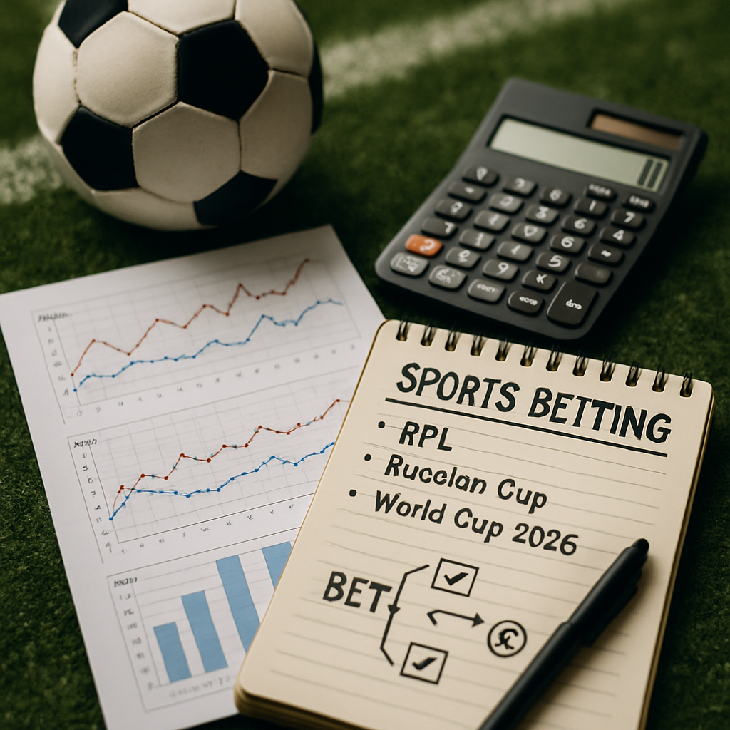 Flat lay photo of sports betting materials including a soccer ball, calculator, performance charts,