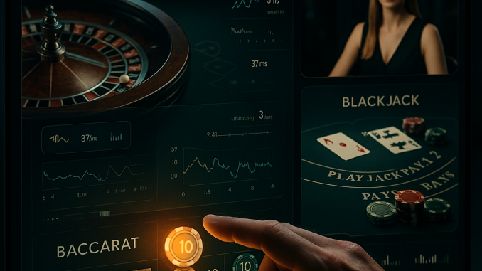 Photorealistic image of a sleek multi-game digital casino interface (roulette, blackjack, baccarat) with live
