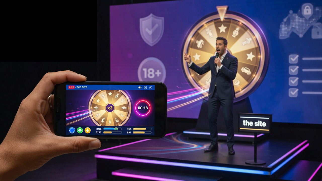 A realistic photo of a smartphone streaming a live game-show casino in a neon-lit
