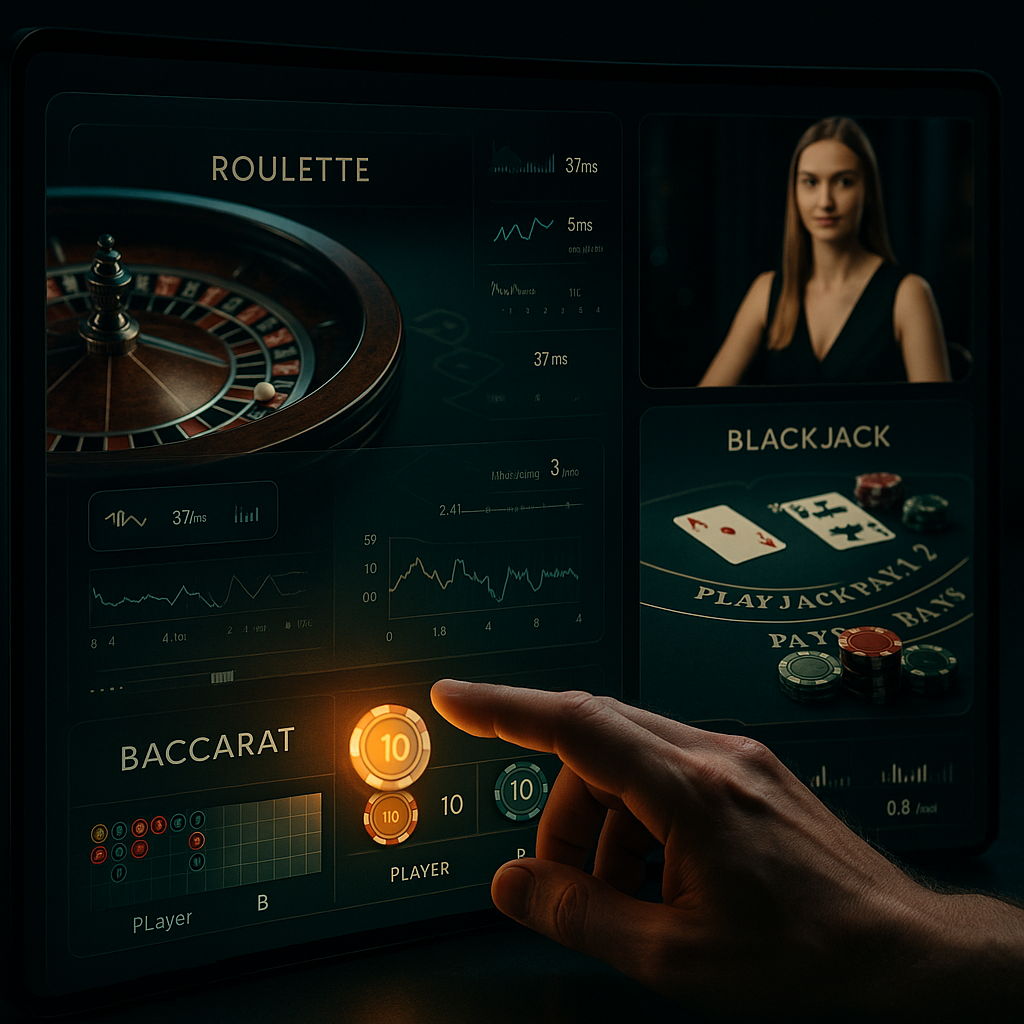 Photorealistic image of a sleek multi-game digital casino interface (roulette, blackjack, baccarat) with live