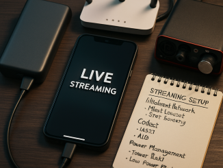 A smartphone and technical equipment arranged to illustrate the requirements for stable live streaming.