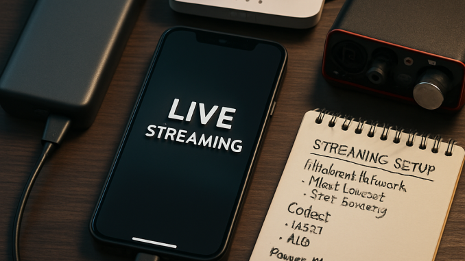 A smartphone and technical equipment arranged to illustrate the requirements for stable live streaming.