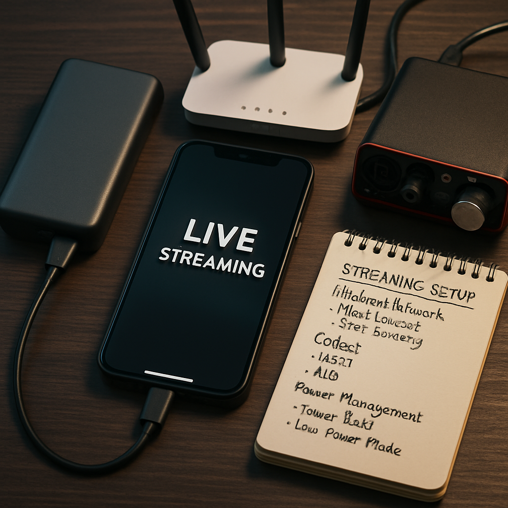 A smartphone and technical equipment arranged to illustrate the requirements for stable live streaming.