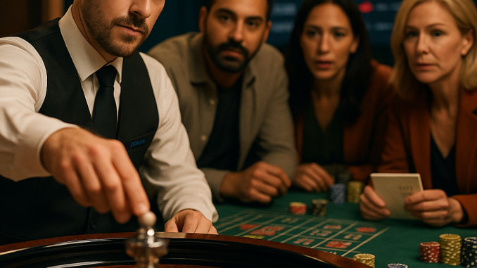 Live roulette dealer releasing the ball as adult players watch, with a blurred streak