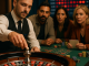 Live roulette dealer releasing the ball as adult players watch, with a blurred streak