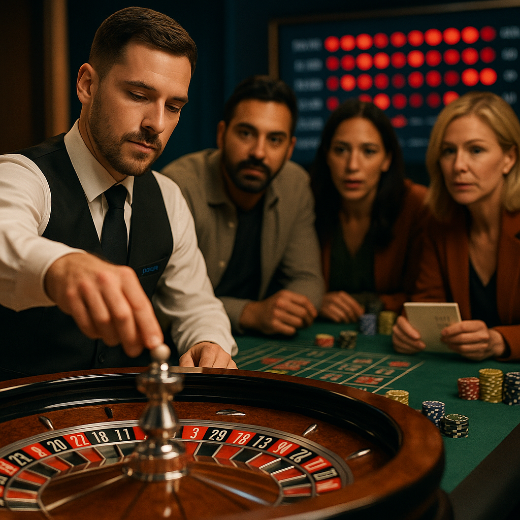 Live roulette dealer releasing the ball as adult players watch, with a blurred streak