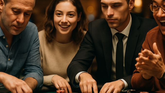 A lively live gaming table with diverse players, highlighting the influence of betting limits