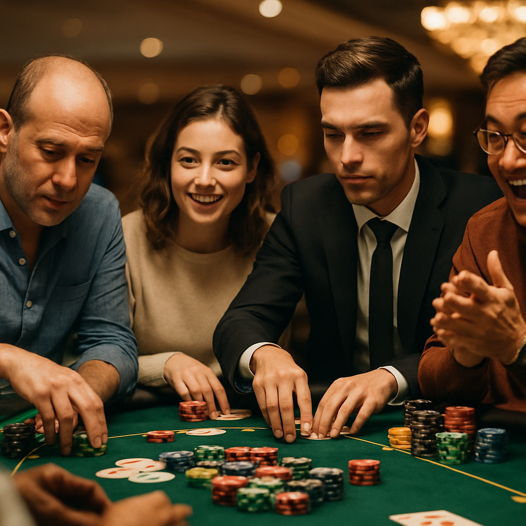 A lively live gaming table with diverse players, highlighting the influence of betting limits